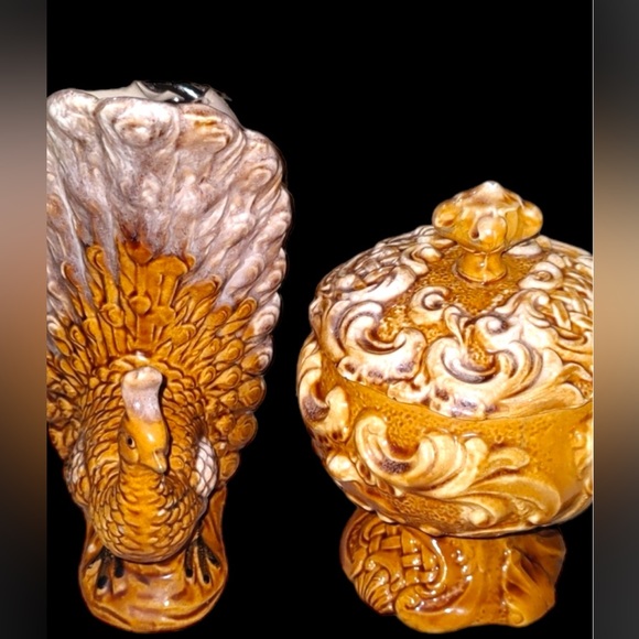 Beautiful vtg... Ceramic peacock & Vintage Ceramic Ornate Bowl w/ Lid